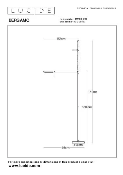 Lucide BERGAMO - Leeslamp - LED Dimb. - 1x6,9W 3000K - Zwart - technisch